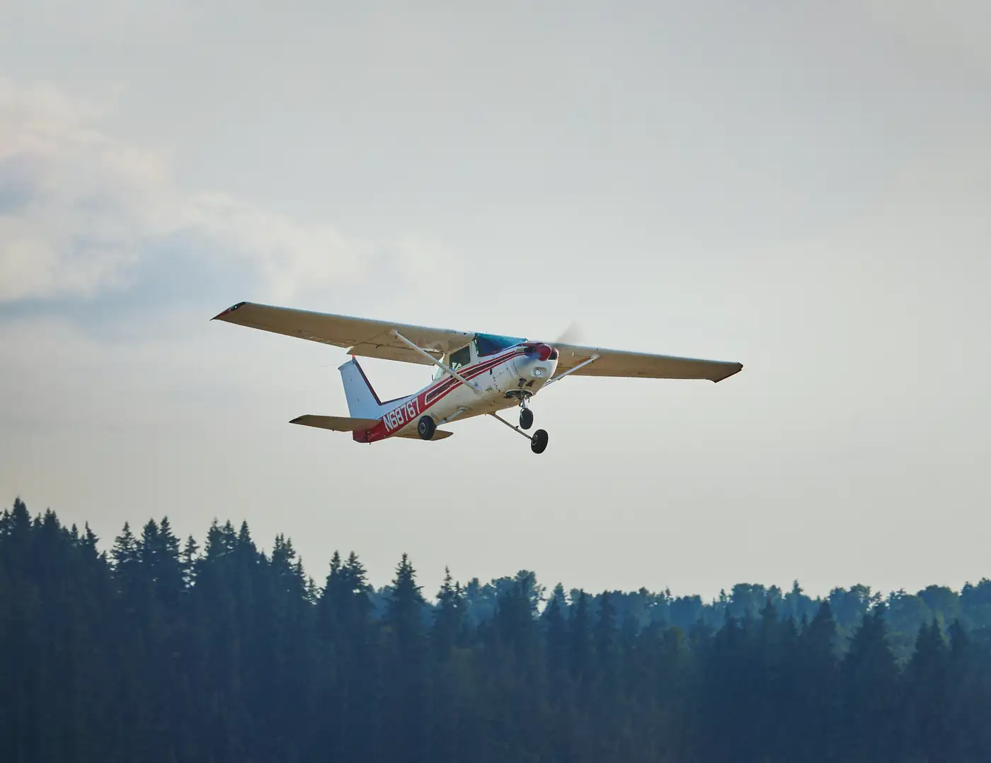 Cessna climbing over evergreen trees